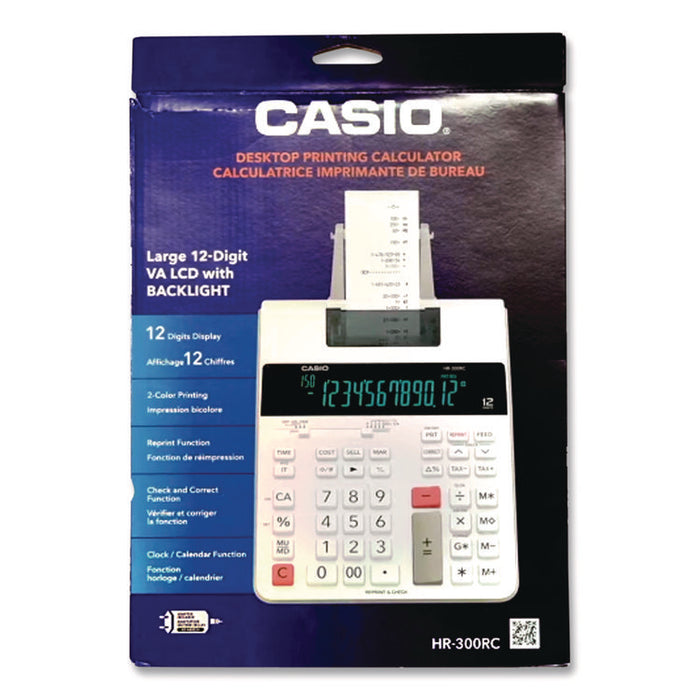 HR-300RC 12-Digit Printing Calculator, Black/Red Print, 2 Lines/Second, White