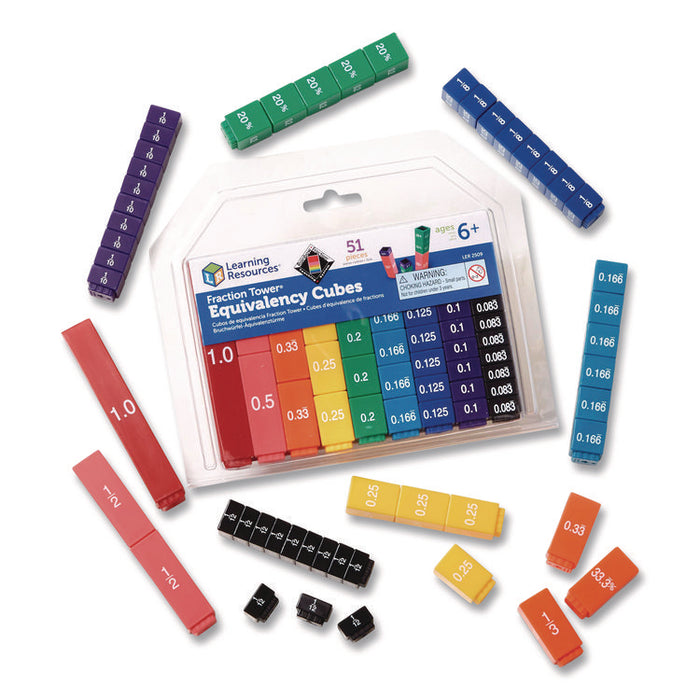 Fraction Tower Equivalency Cubes, Nine Sizes, Grades 1 to 4, 51 Pieces