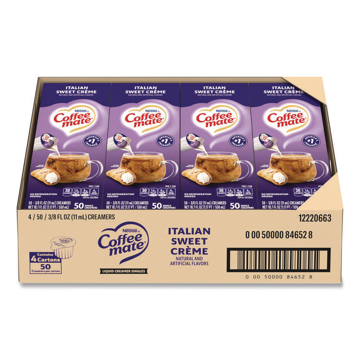 Liquid Coffee Creamer, Italian Sweet Cream, 0.38 oz Mini Cups, 50/Box, 4 Boxes/Carton
