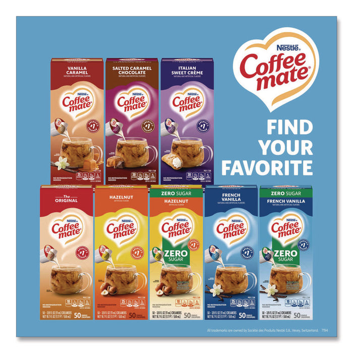 Liquid Coffee Creamer, Zero Sugar French Vanilla, 0.38 oz Mini Cups, 50/Box, 4 Boxes/Carton