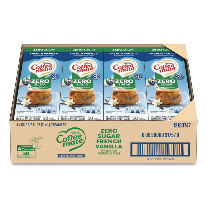 Liquid Coffee Creamer, Zero Sugar French Vanilla, 0.38 oz Mini Cups, 50/Box, 4 Boxes/Carton