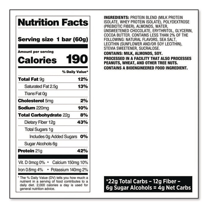 Protein Bars, Chocolate Chip Cookie Dough, 2.12 oz Bar, 12 Bars/Box