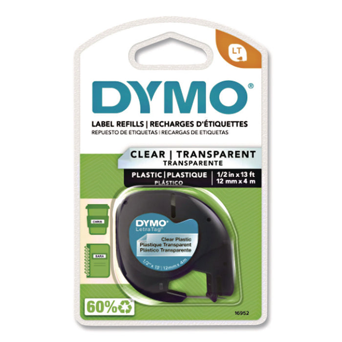 LetraTag Plastic Label Tape Cassette, 0.5" x 13 ft, Black on Clear, 6/Pack