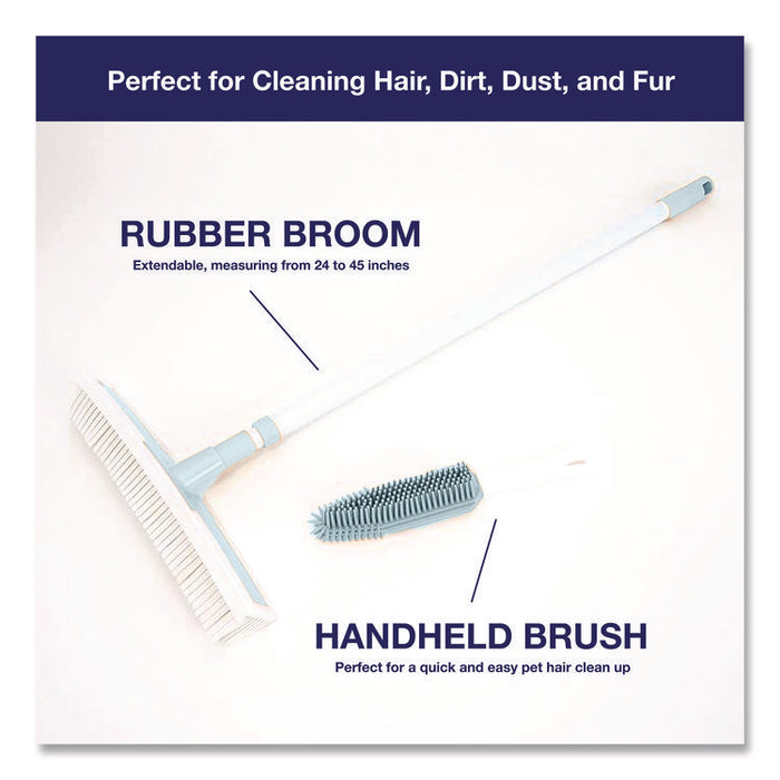 Rubber Broom and Handheld Brush,11.75 x 50 Plastic Handle, White/Blue