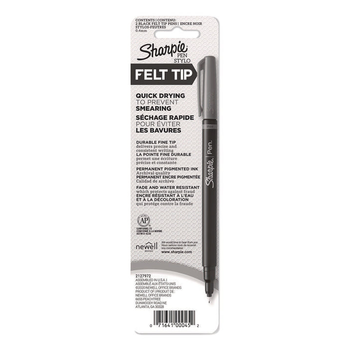 Water-Resistant Ink Porous Point Pen, Stick, Fine 0.4 mm, Black Ink, Black Barrel, 2/Pack