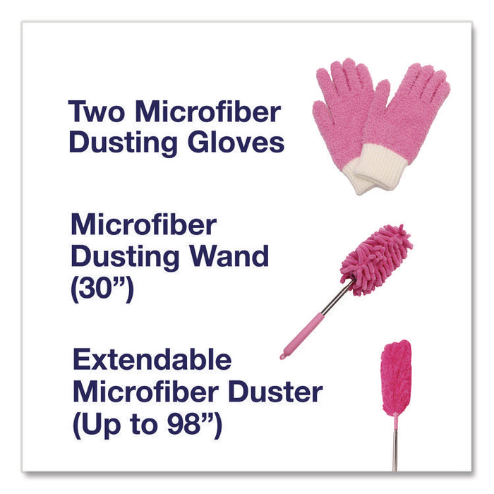Dusting Set, Feather Duster, Dusting Wand, 2 Gloves, Pink