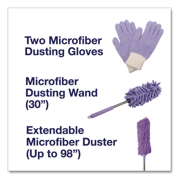 Four-Piece Dusting Set, Extendable Duster, Flexible Wand, 2 Gloves, Purple