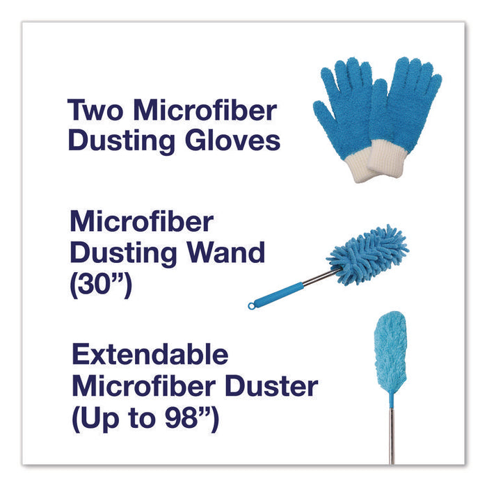 Dusting Set, Feather Duster, Dusting Wand, 2 Gloves, Blue