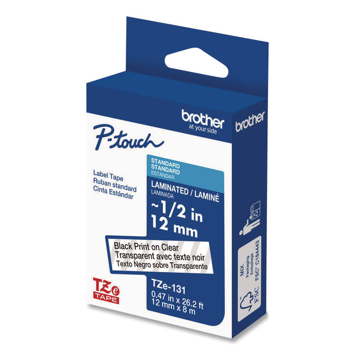 TZe Standard Adhesive Laminated Labeling Tape, 0.47" x 26.2 ft, Black on Clear