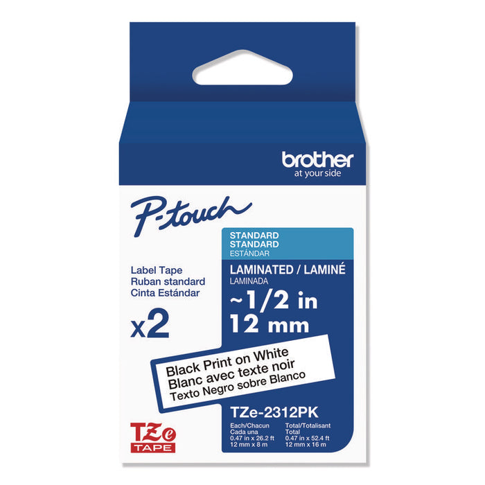 TZe Standard Adhesive Laminated Labeling Tapes, 0.47" x 26.2 ft, Black on White, 2/Pack