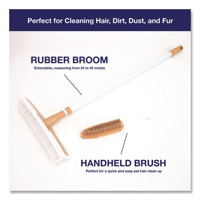 Rubber Broom and Handheld Brush, 11.75 x 50 Plastic Handle, White/Taupe