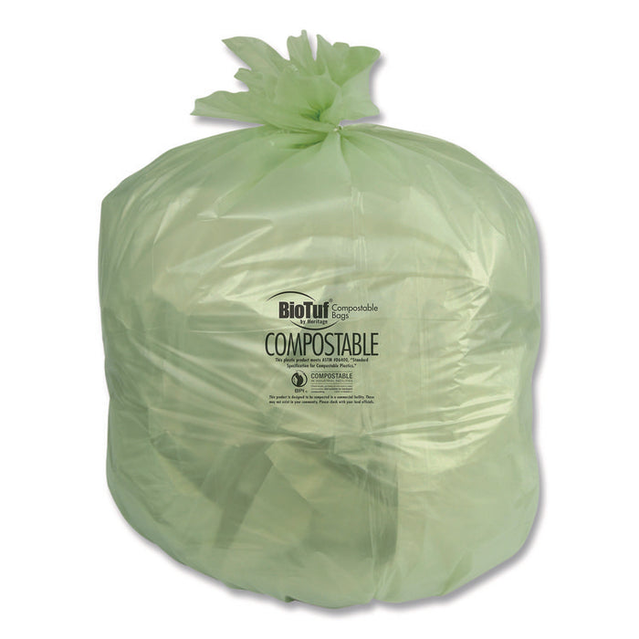 Biotuf Compostable Can Liners, 30 gal, 1 mil, 28" x 45", Green, 25 Bags/Roll, 5 Rolls/Carton
