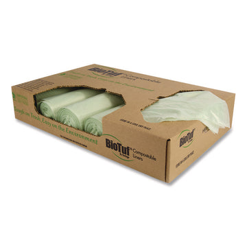 Biotuf Compostable Can Liners, 13 gal, 0.88 mil, 24" x 32", Green, 25 Bags/Roll, 8 Rolls/Carton