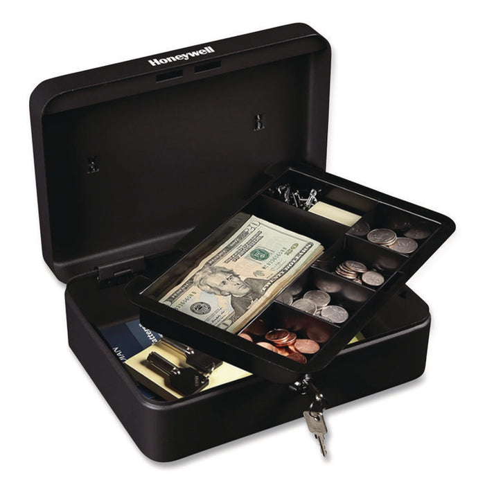 Standard Cash Box, 6 Compartments, Key Lock, 9.8" x 7.3" x 4.1", Black