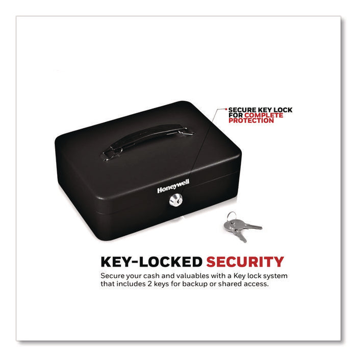 Standard Cash Box, 6 Compartments, Key Lock, 9.8" x 7.3" x 4.1", Black