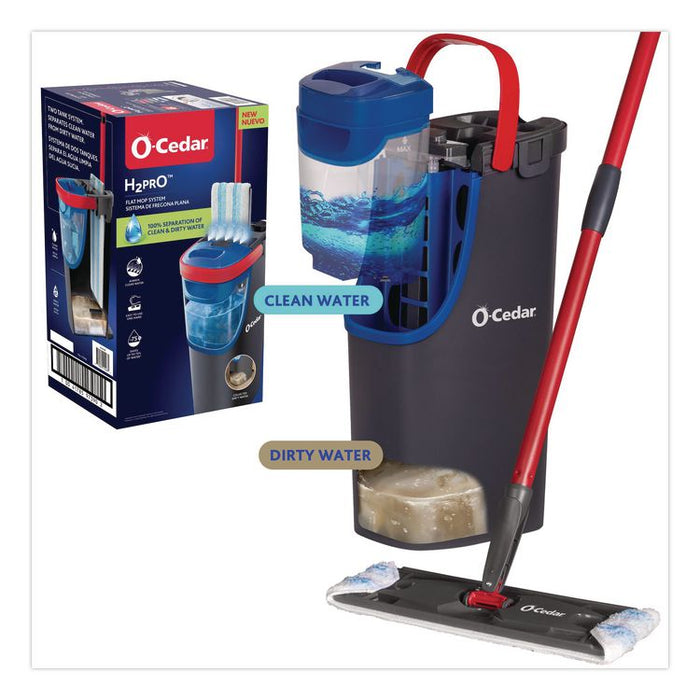 H2Pro Flat Mop System, 9.25 x 4.38 White/Blue Microfiber Head, Up to 56" Black/Red Handle