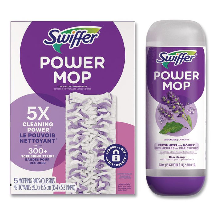 PowerMop Cleaning Solution and Pads Refill Pack, Lavender, Scent, 25.3 oz Bottle and 5 Pads per Pack, 4 Packs/Carton