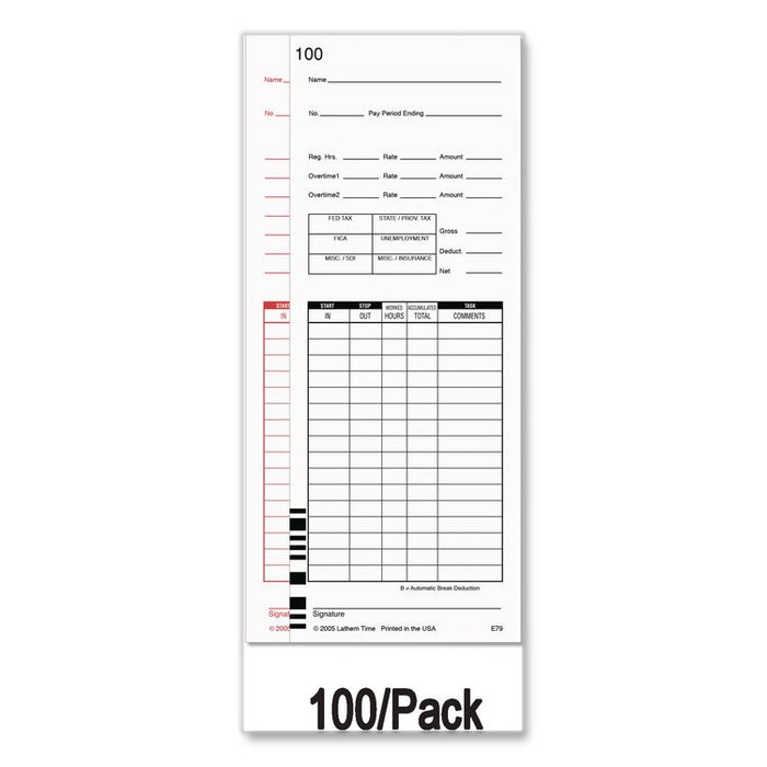 Time Clock Cards for Lathem Time 7000E/7500E, Two Sides, 3.38 x 8.78, 100/Pack