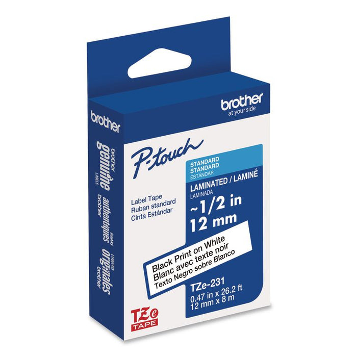 TZe Standard Adhesive Laminated Labeling Tape, 0.47" x 26.2 ft, Black on White