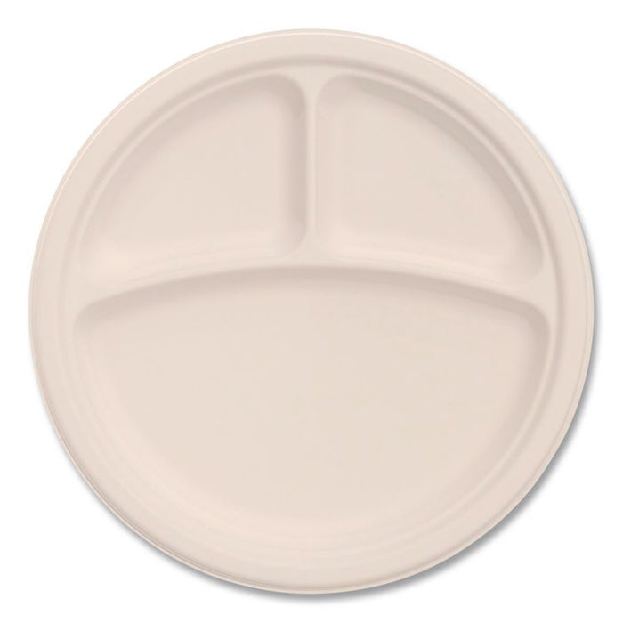 Compostable Molded Fiber Dinnerware, ProPlanet Seal, 3-Compartment Plate, 9" dia, Natural, 500/Carton