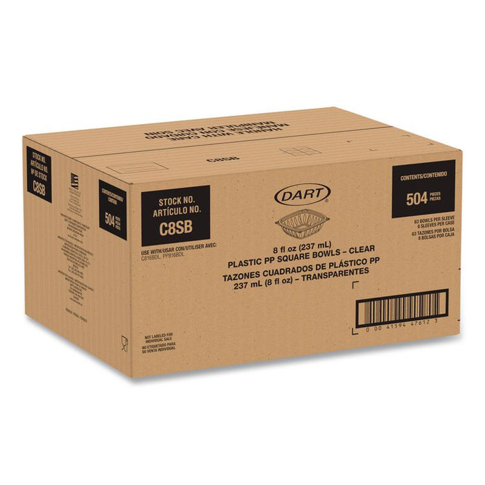 Square Plastic Bowls, 8 oz, 8.5 x 8.5 x 1.51, Clear, Plastic, 63 Bowls/Sleeve, 8 Sleeves/Carton