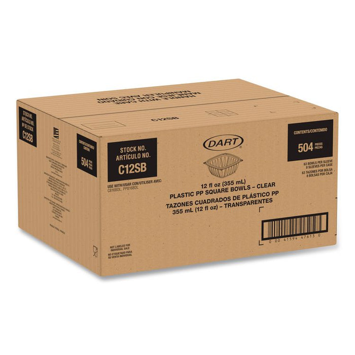 Square Plastic Bowls, 12 oz, 8.5 x 8.5 x 2.64, Clear, Plastic, 63 Bowls/Sleeve, 8 Sleeves/Carton