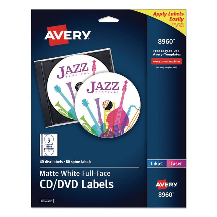 Full Face CD Labels, Matte White, 40/Pack