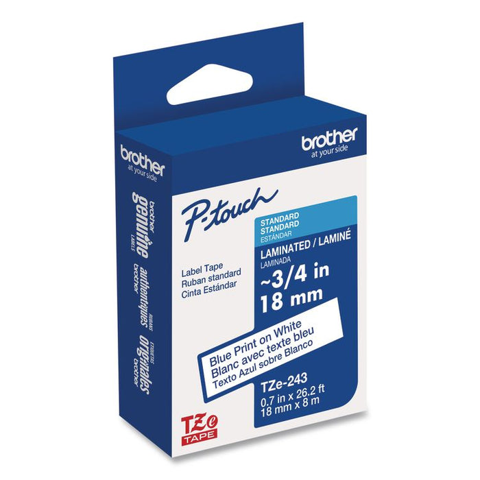 TZe Standard Adhesive Laminated Labeling Tape, 0.7" x 26.2 ft, Blue on White