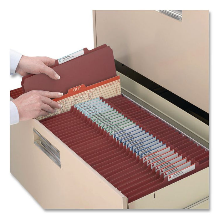 Pressboard Classification Folders, 2/5-Cut Tab, Expands 2", 1 Divider, 4 SafeSHIELD Fasteners, Letter Size, Red, 10/Box