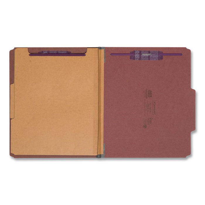 Pressboard Classification Folders, 2/5-Cut Tab, Expands 2", 2 Dividers, 6 SafeSHIELD Fasteners, Letter Size, Red, 10/Box
