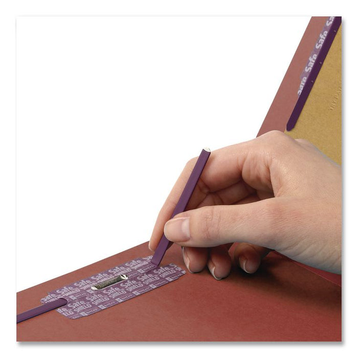 Pressboard Classification Folders, 2/5-Cut Tab, Expands 2", 2 Dividers, 6 SafeSHIELD Fasteners, Letter Size, Red, 10/Box