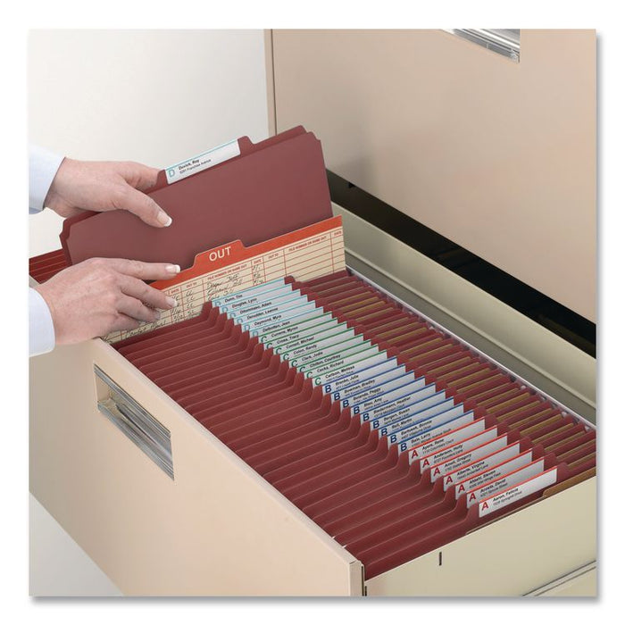 Pressboard Classification Folders, 2/5-Cut Tab, Expands 2", 2 Dividers, 6 SafeSHIELD Fasteners, Letter Size, Red, 10/Box