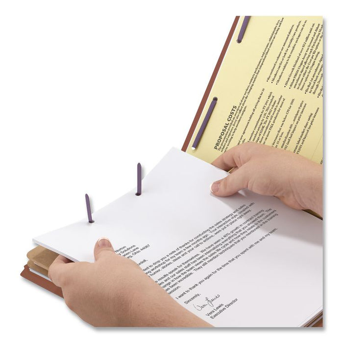 Pressboard Classification Folders, 2/5-Cut Tab, Expands 2", 2 Dividers, 6 SafeSHIELD Fasteners, Letter Size, Red, 10/Box