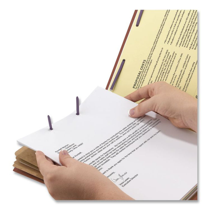 Pressboard Classification Folders, 2/5-Cut Tab, Expands 3", 3 Dividers, 8 SafeSHIELD Fasteners, Letter Size, Red, 10/Box