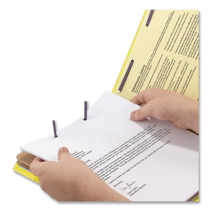 Pressboard Top Tab Pocket Classification Folders, Expands 2", 2 Dividers, 6 SafeSHIELD Fasteners, Legal Size, Yellow, 10/Box