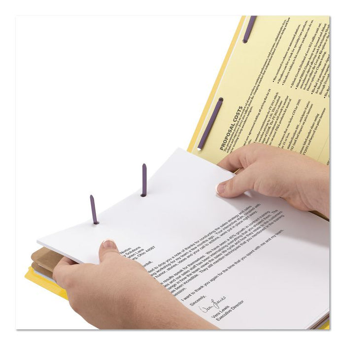 End Tab Pressboard Classification Folders, Expands 2", 2 Dividers, 6 SafeSHIELD Fasteners, Legal Size, Yellow, 10/Box