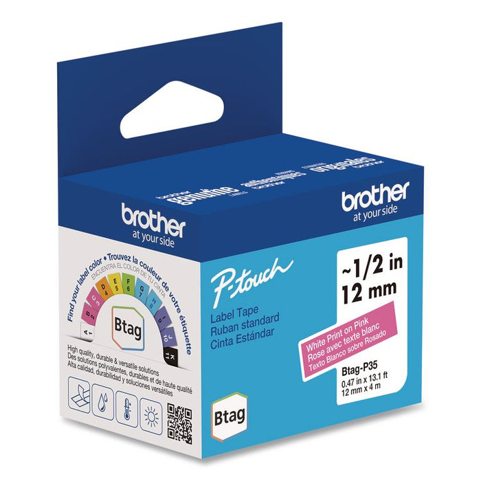 Genuine P-Touch BTAG Label Tapes, 0.47" x 13.1 ft, White on Pink