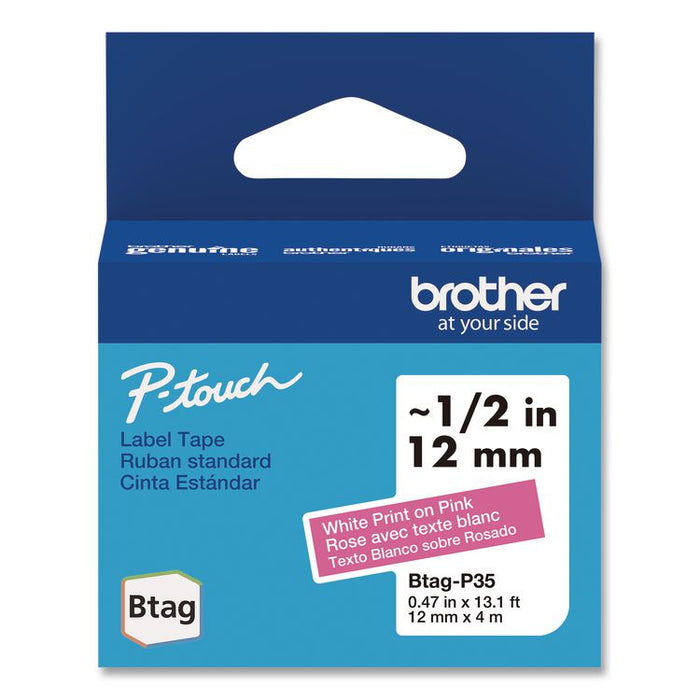 Genuine P-Touch BTAG Label Tapes, 0.47" x 13.1 ft, White on Pink