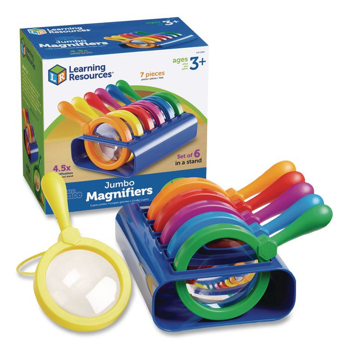 Primary Science Jumbo Magnifiers with Stand, Ages 3 and Up, 4.5x, Plastic Lens, 4.5" dia, 6/Set