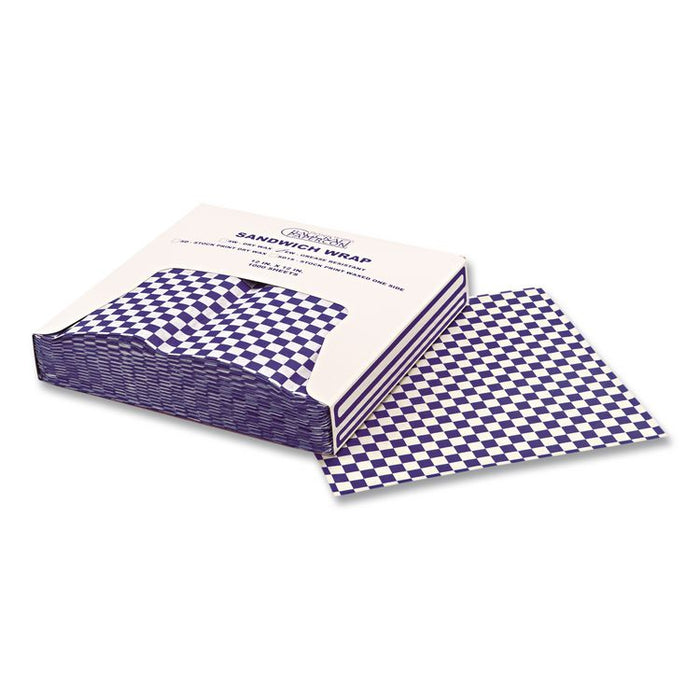 Grease-Resistant Paper Wraps and Liners, 12 x 12, Blue Check, 1,000/Box, 5 Boxes/Carton