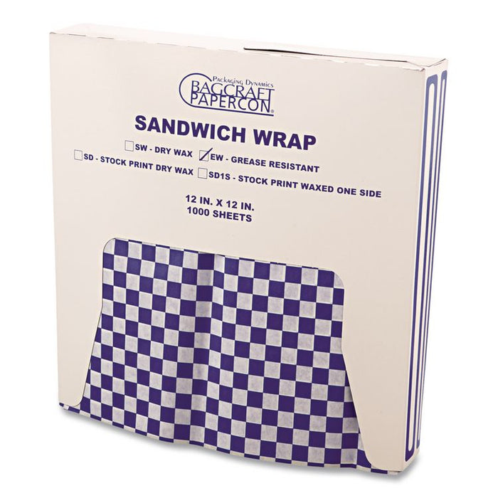 Grease-Resistant Paper Wraps and Liners, 12 x 12, Blue Check, 1,000/Box, 5 Boxes/Carton