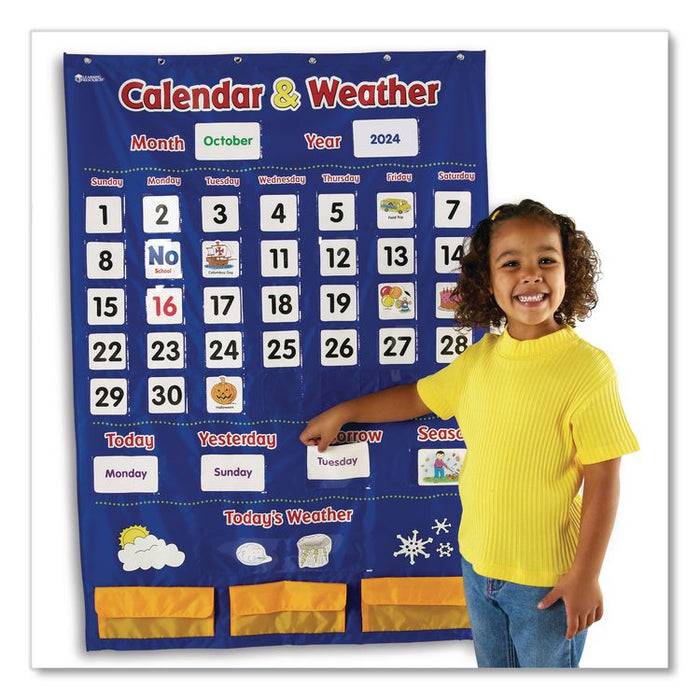 Calendar and Weather Pocket Chart, 46 Pockets, 14.7 x 32.2, Blue, 136 Cards
