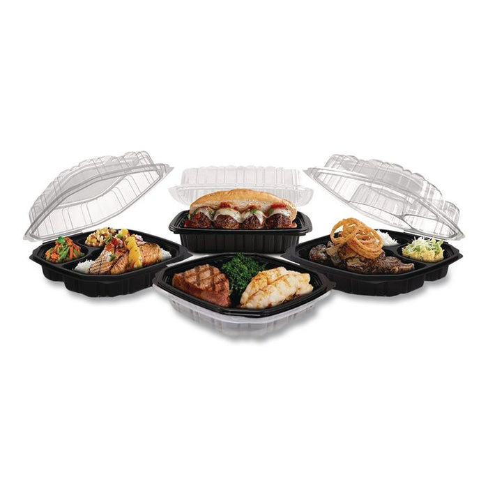 Culinary Lites Microwavable 3-Compartment Container, 20 oz/5 oz/5 oz, 9 x 9 x 3.13, Clear/Black, Plastic, 100/Carton