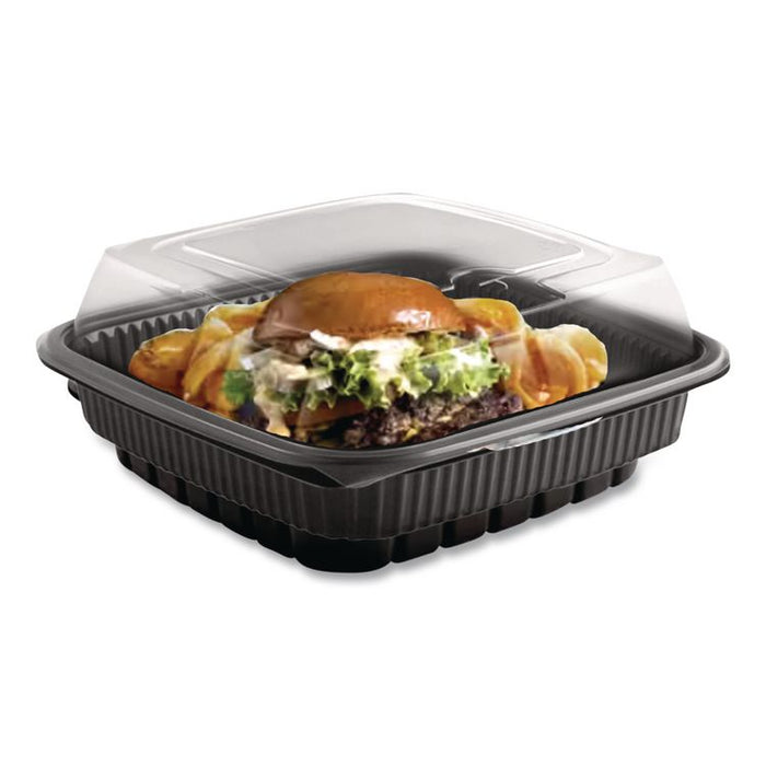 Culinary Squares Two-Piece Microwavable Container, Deep Lid, 36 oz, 8.46 x 8.46 x 2.91, Clear/Black, Plastic, 150/Carton