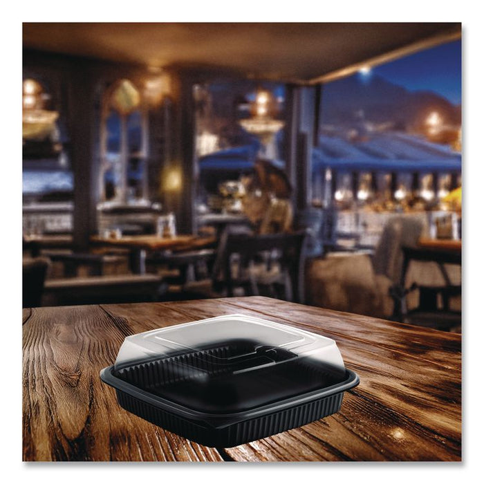 Culinary Squares Two-Piece Microwavable Container, Deep Lid, 36 oz, 8.46 x 8.46 x 2.91, Clear/Black, Plastic, 150/Carton