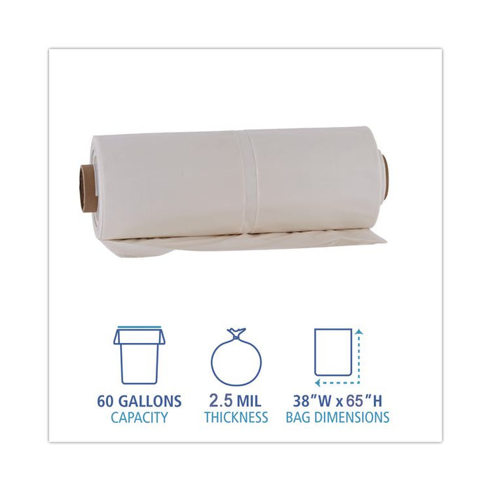 Industrial Can Liner Rolls, 60 gal, 2.5 mil, 21" x 17" x 65", Clear, 50/Carton