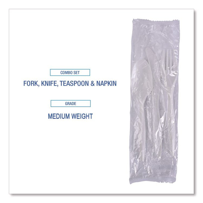 Four-Piece Cutlery Kit, Mediumweight, Fork/Knife/Napkin/Spoon, Plastic, White, 250/Carton
