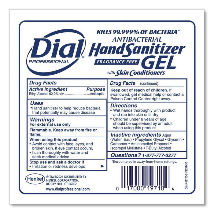 Antibacterial Gel Hand Sanitizer Refill for Dial 1700 Dispenser, 1.2 L Refill, Fragrance-Free, 3/Carton