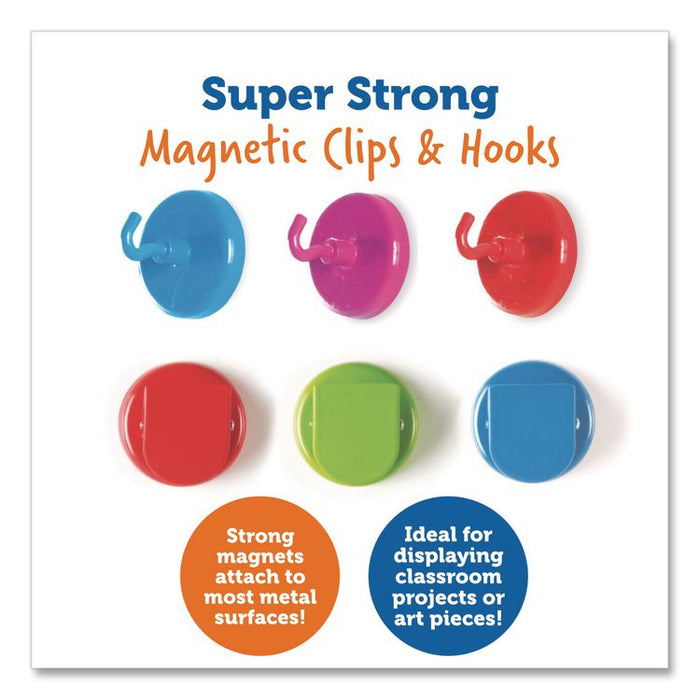Super Strong Magnetic Clips and Hooks, Small, 1.5" Diameter, Assorted Colors, 3 Clips/3 Hooks