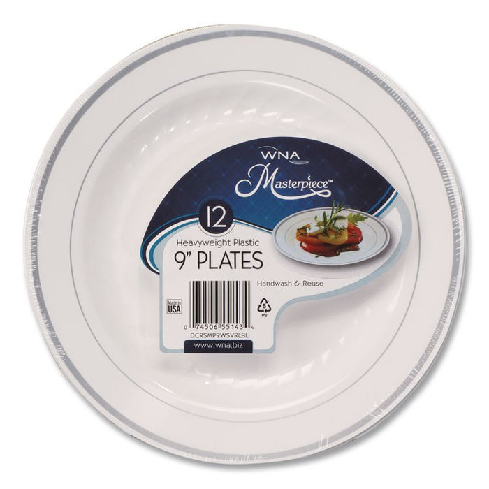 Masterpiece Plastic Dinnerware, 9" dia, White/Silver, 10/Pack